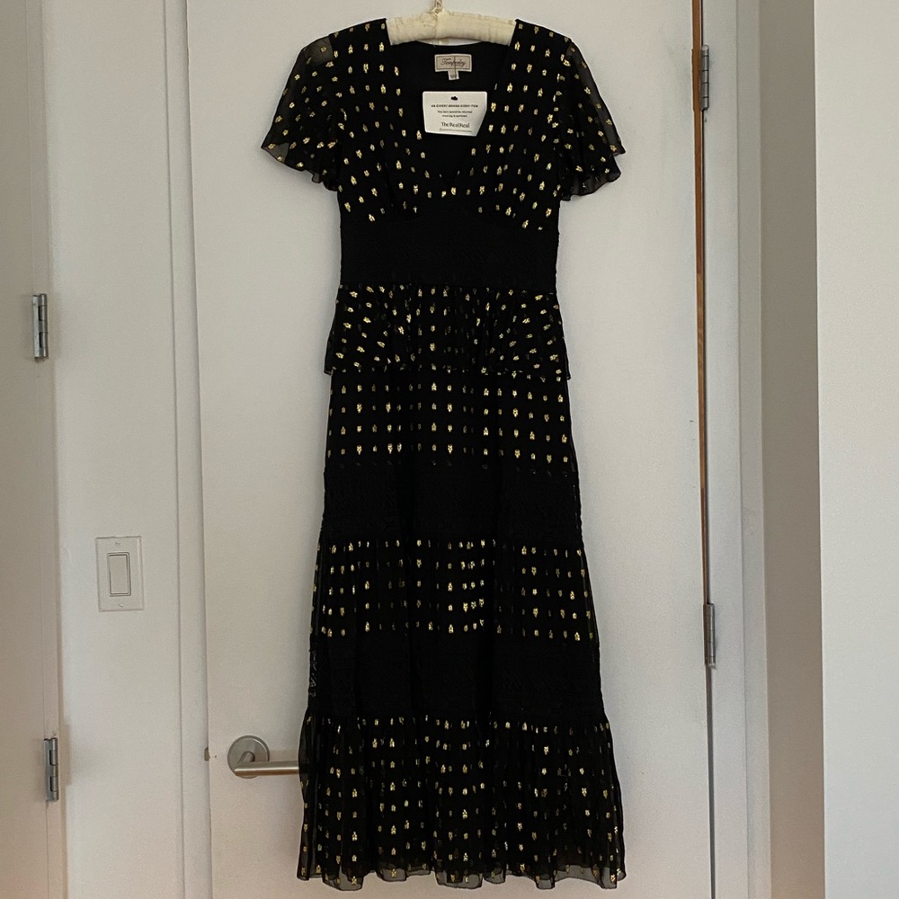 Temperley London midi cocktail dress with gold accents